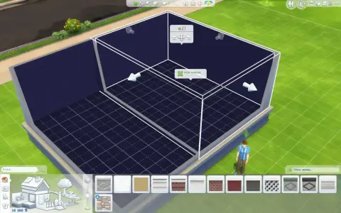 Budowanie w The Sims 4: jak zrobić pół płytki. Widok na pusty pokój z siatką podłogową i narzędziami do budowy.