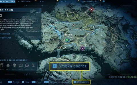 Mapa taktyczna z gry halo, pokazuje punkty WBO i opcję szybkiej podróży.