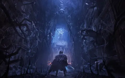 Mroczna, gotycka sceneria z gry Lords of the Fallen. Postać w płaszczu z piór stoi przed ołtarzem, otoczona przez wiszące, groteskowe istoty i gigantyczne oczy.