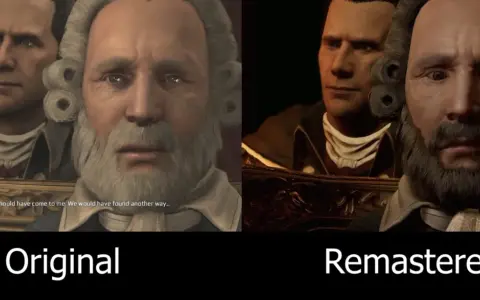 Porównanie grafiki z Assassin's Creed 3: oryginalna wersja i remaster. Widać poprawę detali twarzy i oświetlenia.