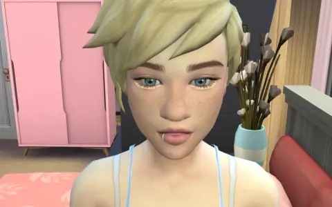 Simka z modami do The Sims 4, ma niebieskie oczy i ozdobne rzęsy.