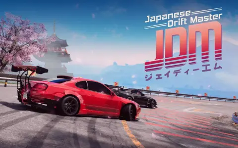 Czerwony i czarny samochód w stylu jdm japanese drift master na torze wyścigowym, z kwitnącą wiśnią i pagodą w tle.