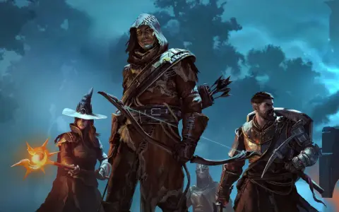 Drużyna bohaterów, w tym łucznik, wojownik i czarodziejka, gotowa do walki w mrocznym świecie gry Enshrouded na Xbox.