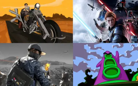 Czteroczęściowy kolaż z grafikami z gier. W lewym górnym rogu motocyklista w pustynnym krajobrazie. W prawym górnym rogu postacie z gry Star Wars Jedi: Fallen Order. W lewym dolnym rogu mężczyzna z telefonem i mostem Golden Gate w tle. W prawym dolnym ...