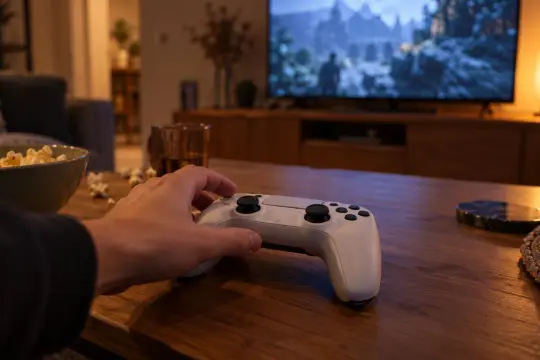Pad PS5 leżący na stoliku przed telewizorem w salonie