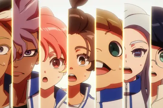 Siedmioro młodych piłkarzy z Inazuma Eleven Victory Road, zszokowanych i spoconych, patrzy wprost na widza.