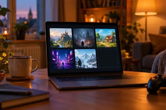 Laptop z otwartą biblioteką gier na biurku wieczorem