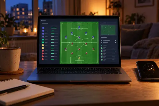 Laptop z grą menedżerską piłkarską na biurku wieczorem