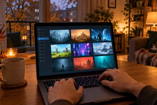 Laptop z otwartym sklepem z grami na biurku wieczorem