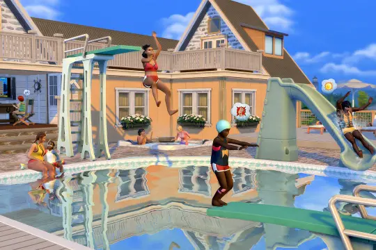 Letnia zabawa w The Sims 4! Domy do pobrania z basenem, zjeżdżalnią i trampoliną. Simowie cieszą się słońcem i wodą.
