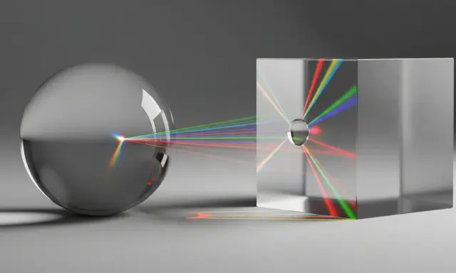 Światło rozszczepia się na pryzmacie, tworząc barwne smugi. To przykład, jak działa ray tracing.