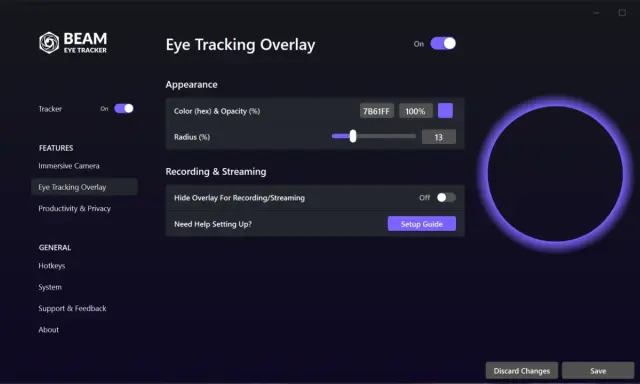 Ustawienia nakładki Eye Tracking Overlay. Możesz dostosować kolor, promień i ukryć nakładkę podczas nagrywania.