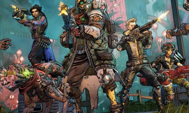 Postacie z gry looter shooter, w tym mężczyzna z robotycznym okiem, kobieta z fioletowymi włosami i pies-potwór, gotowi do walki.
