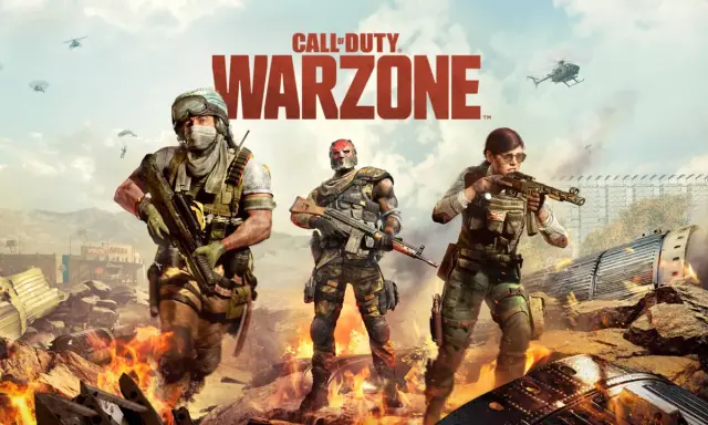 Trzech żołnierzy Call of Duty Warzone w akcji, otoczonych płomieniami i zniszczeniem. Sprawdź call of duty warzone wymagania, by dołączyć do walki!