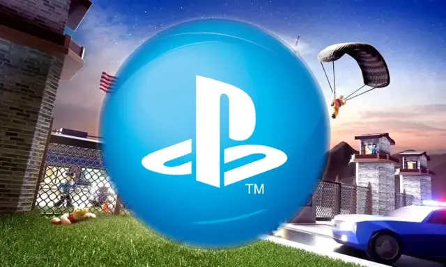 Wielka niebieska kula z logo PlayStation na tle więzienia, policyjnego radiowozu i skoczka spadochronowego. Czy to zapowiedź Roblox na PS5?