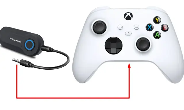 Adapter BT do podłączenia słuchawek do Xboxa. Włóż wtyczkę jack do kontrolera.