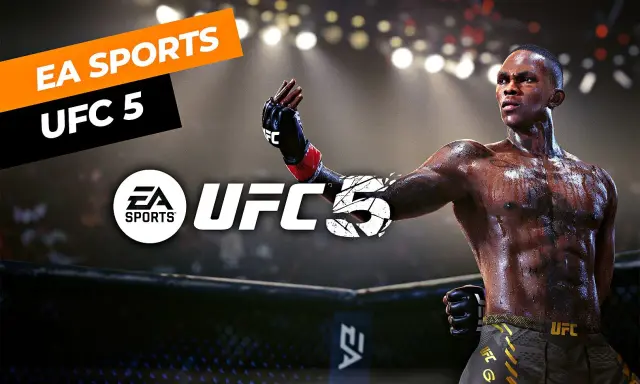 Zwycięski wojownik UFC na tle areny, logo EA SPORTS UFC 5.
