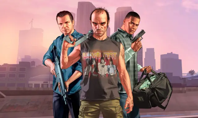 Trzej bohaterowie GTA 5 z bronią i torbą pieniędzy, gotowi na akcję. Sprawdź gta 5 wymagania, by dołączyć do ich przygód!