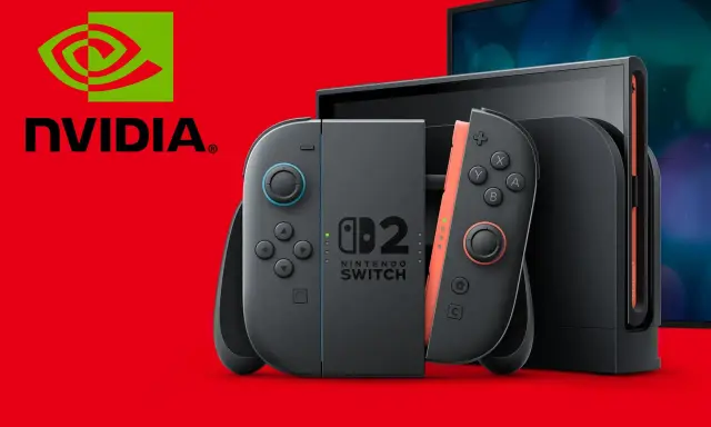 Nintendo Switch z kontrolerami, logo NVIDIA i ekranem. Technologia dynamiczne skalowanie rozdzielczości zapewnia płynną rozgrywkę.