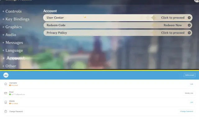 Ustawienia konta w Genshin Impact, opcje takie jak User Center, Redeem Code. Możliwość gry na Xbox.