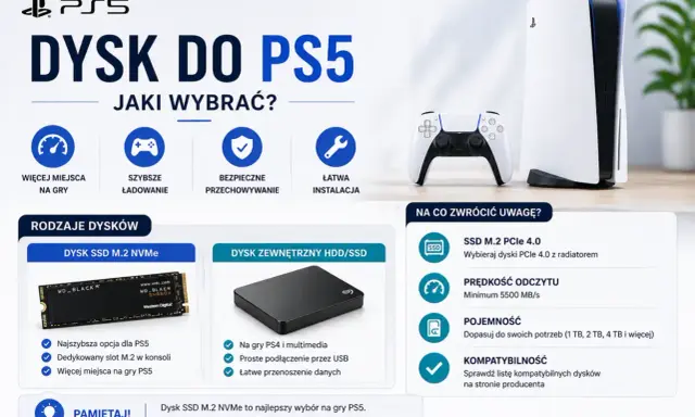 Poradnik wyboru dysku do PS5: SSD M.2 NVMe dla najlepszych wrażeń z gier lub dysk zewnętrzny na starsze tytuły i kopie zapasowe.