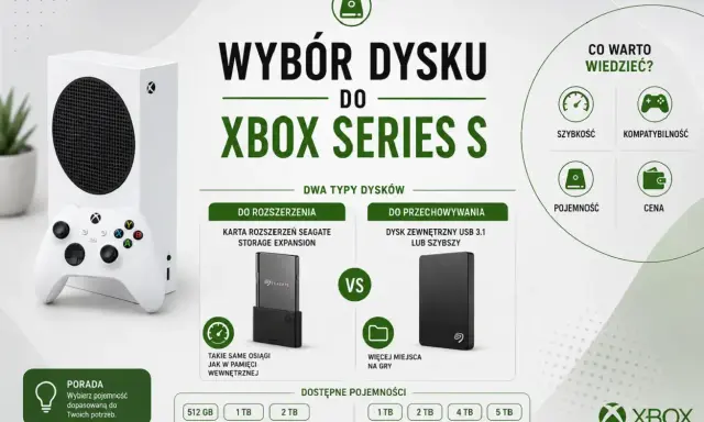 Porównanie dysków do Xbox Series S: karta rozszerzeń Seagate Storage Expansion vs dysk zewnętrzny USB 3.1. Wybierz pojemność dopasowaną do potrzeb.