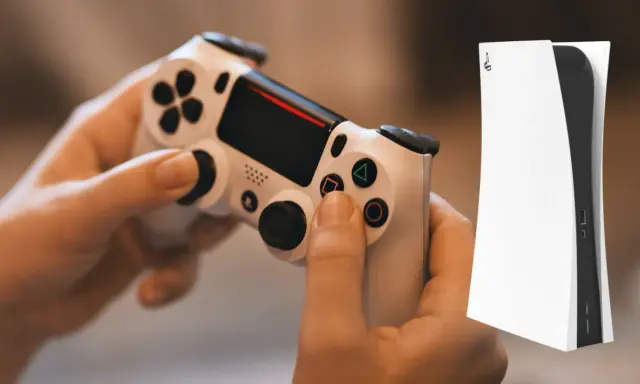 Ręce trzymające biały kontroler DualShock 4, obok konsoli PS5. Dowiedz się, jak podłączyć pada PS4 do PS5.