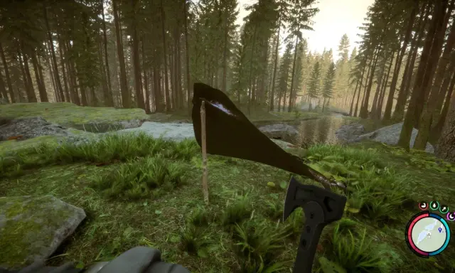 Wymagania Sons of the Forest: w lesie z toporem i prowizorycznym schronieniem, gotowy na przetrwanie.