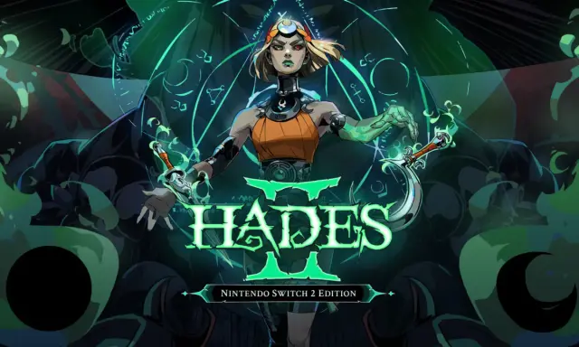 Melaina z Hades 2 na PS5, otoczona mrocznymi postaciami i zielonymi runami, dzierży dwa zakrzywione miecze.