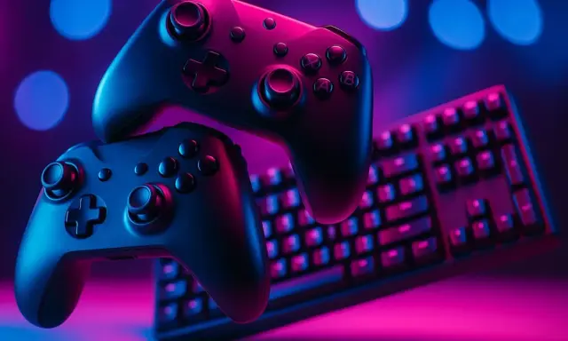 Dwa kontrolery Xbox i klawiatura w neonowym świetle, idealne do gier z dźwiękiem Dolby Atmos.