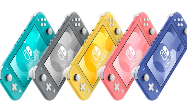 Różne rodzaje Nintendo Switch Lite: turkusowy, szary, żółty, koralowy i niebieski.