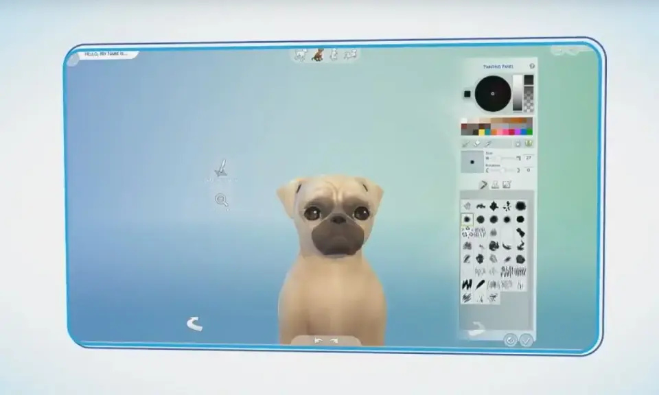 Tworzenie własnego mopsa w The Sims 4. Interfejs gry pozwala na szczegółowe modyfikacje, jak kod na sterowanie zwierzakami w The Sims 4.