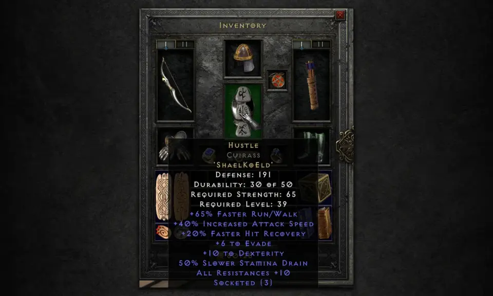 Diablo 2 słowa runiczne: pancerz Hustle 'Shaelkeld' z bonusami do szybkości, obrażeń, obrony i odporności.