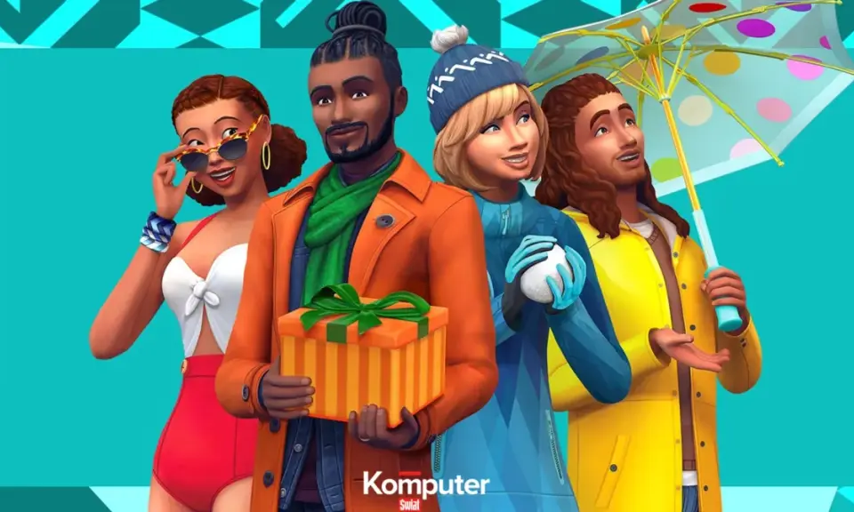 Cztery postacie z gry The Sims, w tym kobieta w stroju kąpielowym, mężczyzna z prezentem, dziewczyna z kulką śniegu i mężczyzna z parasolką. To idealne simsy dla dorosłych!