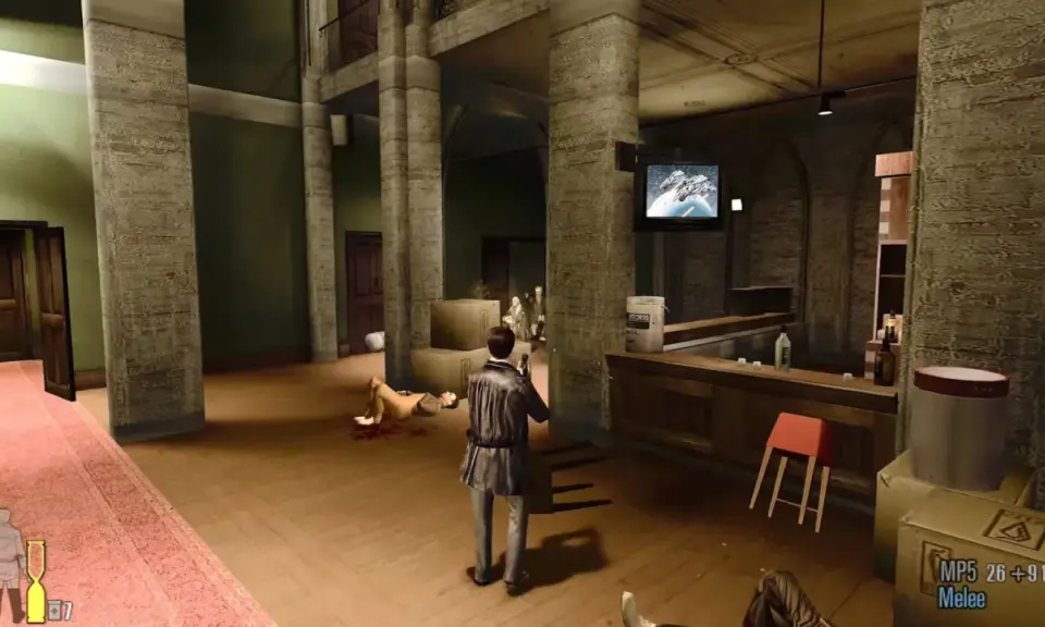 Max Payne 2: The Fall of Max Payne. Max wkracza do baru, gdzie czeka go kolejna strzelanina.