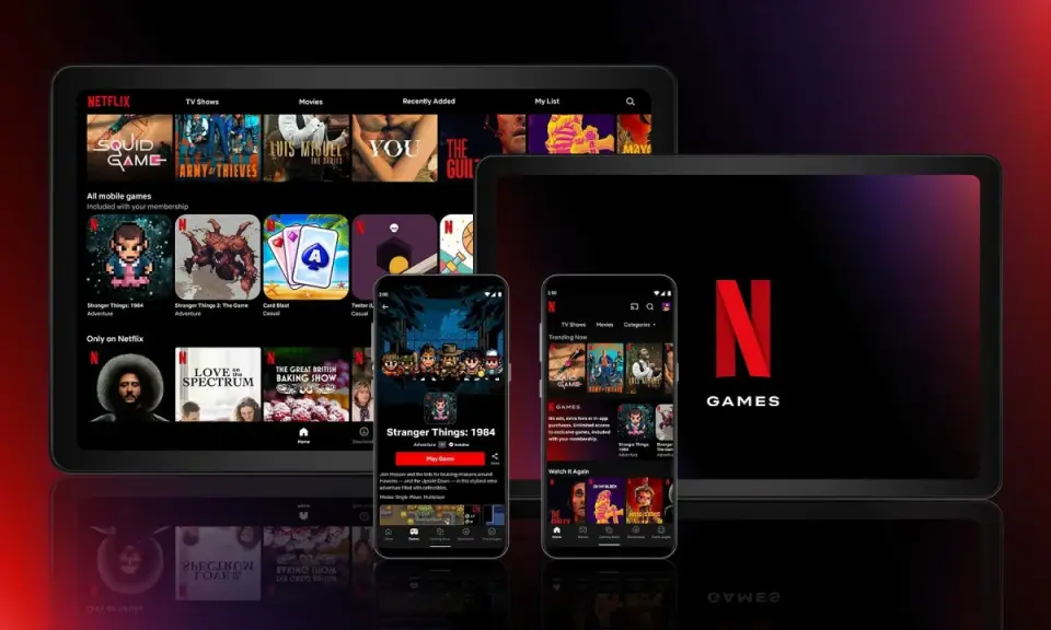 Gry na Netflixie na tabletach i telefonach. Zobaczysz tu ikony gier, w tym Stranger Things, oraz interfejs aplikacji.