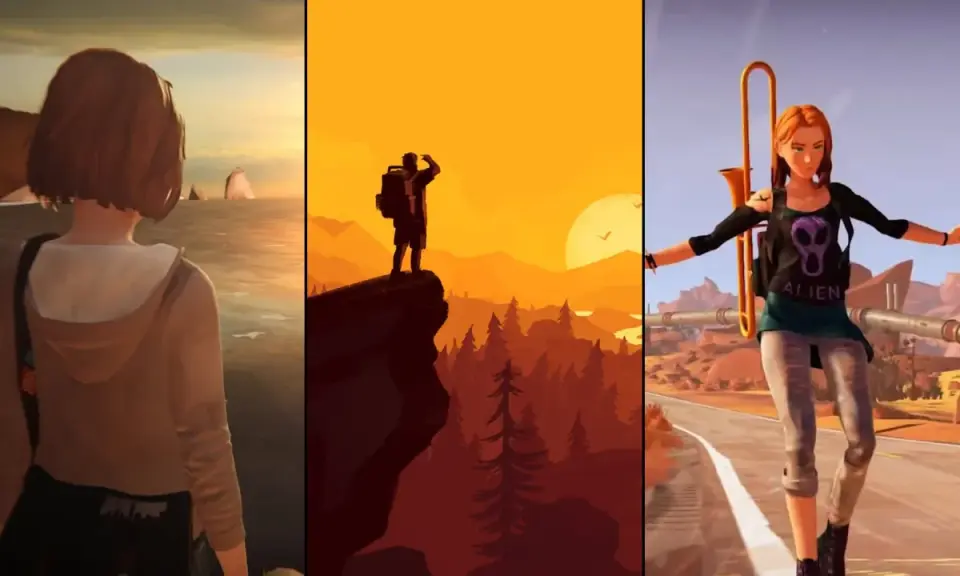 Trzy sceny z gier: dziewczyna nad morzem, podróżnik na klifie, dziewczyna na rolkach. Gry podobne do Life is Strange.