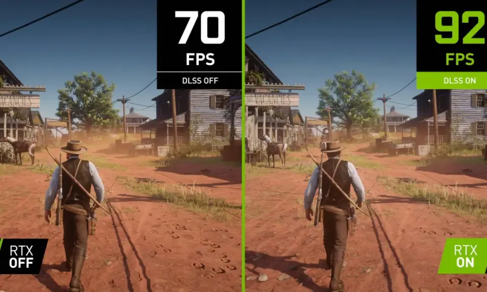 Porównanie gry z DLSS: 70 FPS (DLSS OFF) vs 92 FPS (DLSS ON). Zobacz, co to DLSS i jak poprawia płynność rozgrywki.