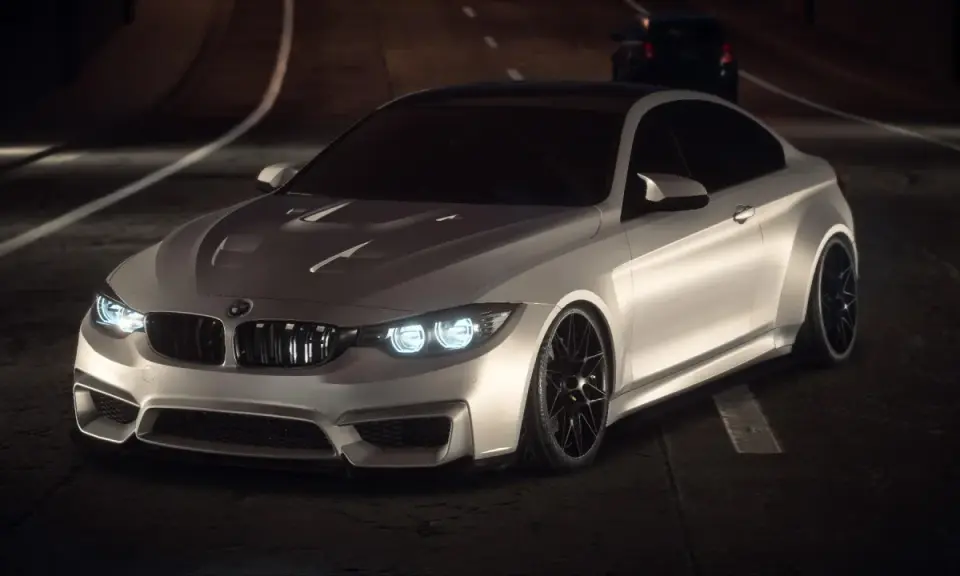 Białe BMW M4 na nocnej trasie, gotowe do wyścigu. To jest najlepszy Need for Speed!