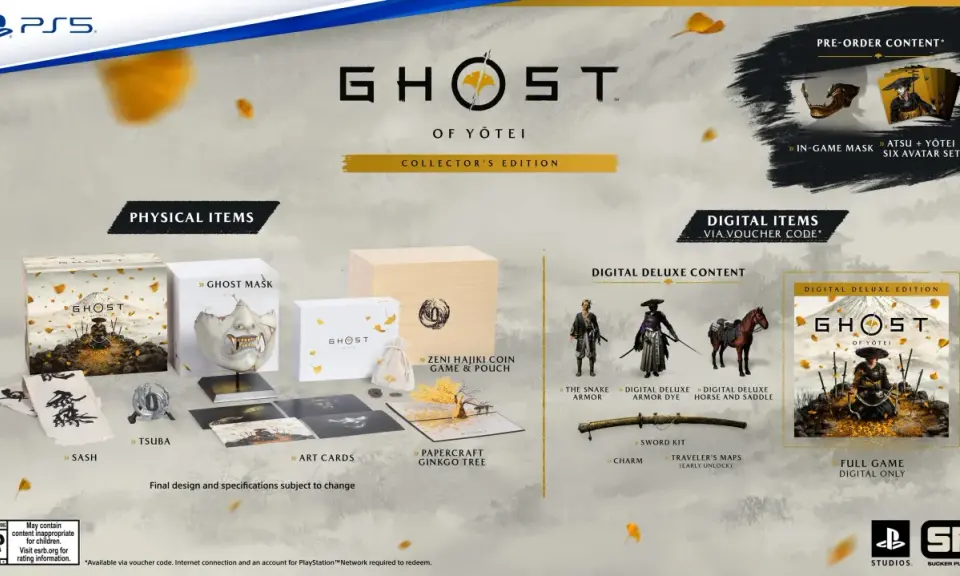 Ghost of Yotei PC Collector's Edition: fizyczne przedmioty (maska, drzewko, karty) i cyfrowe dodatki.