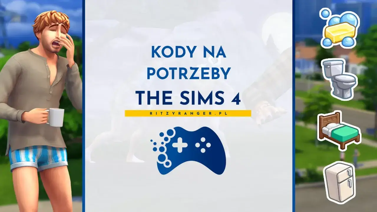 Ziewający Sim z kubkiem w ręku, obok ikony gry The Sims 4 i napisu "Kody na potrzeby The Sims 4".