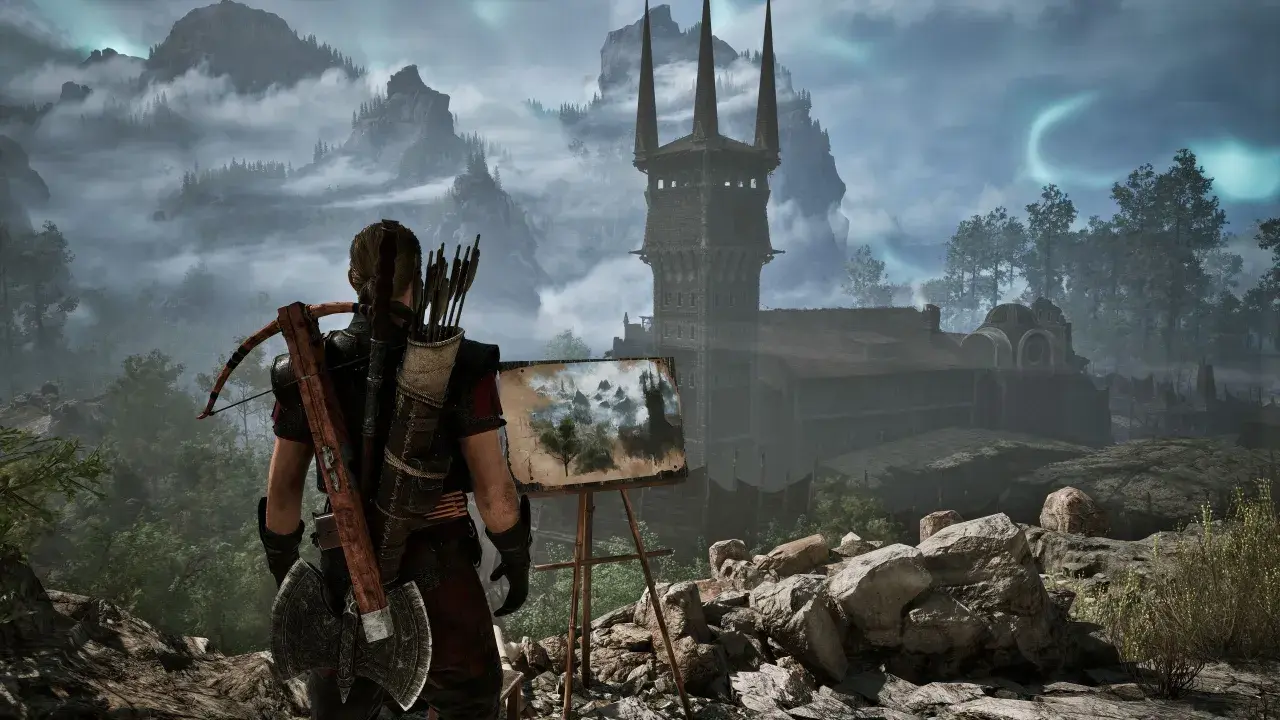 Artysta w zbroi, z kuszą i toporem, maluje ponury krajobraz z zamkiem. To gothic remake.