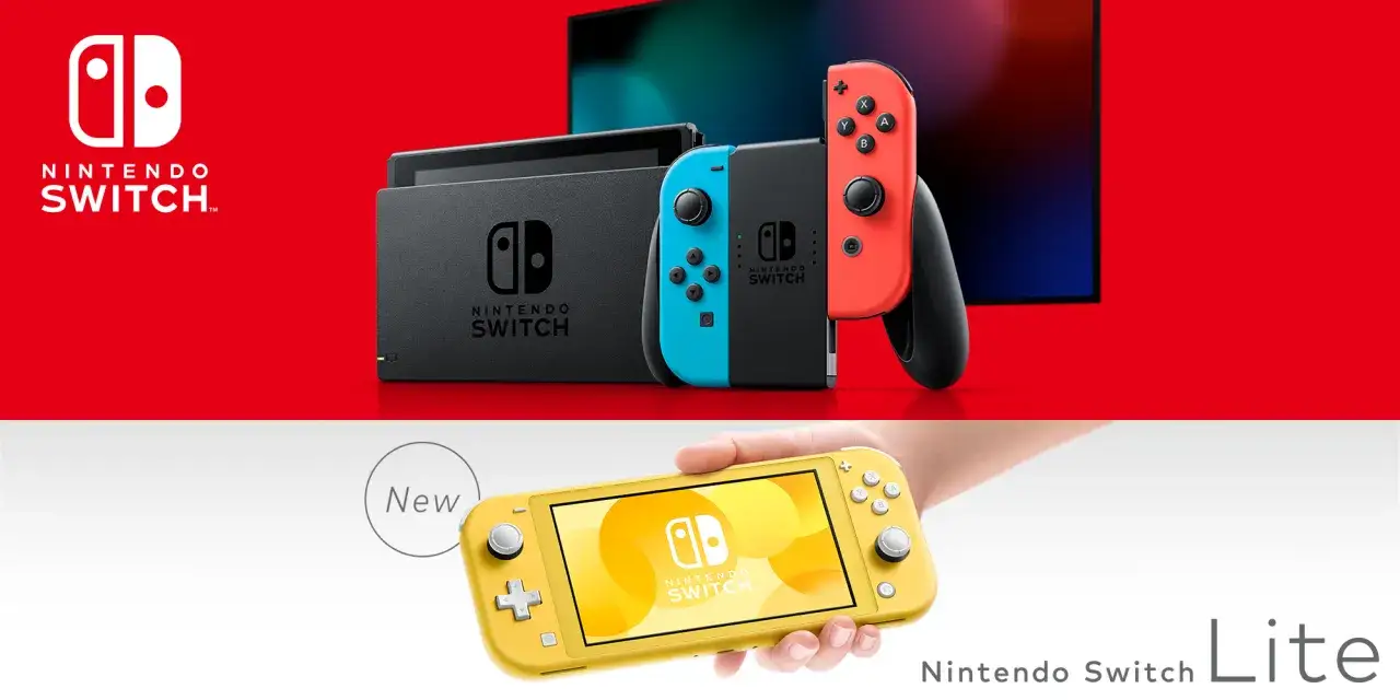 Różne rodzaje Nintendo Switch: klasyczny z dokiem i Joy-Conami oraz poręczny Nintendo Switch Lite.