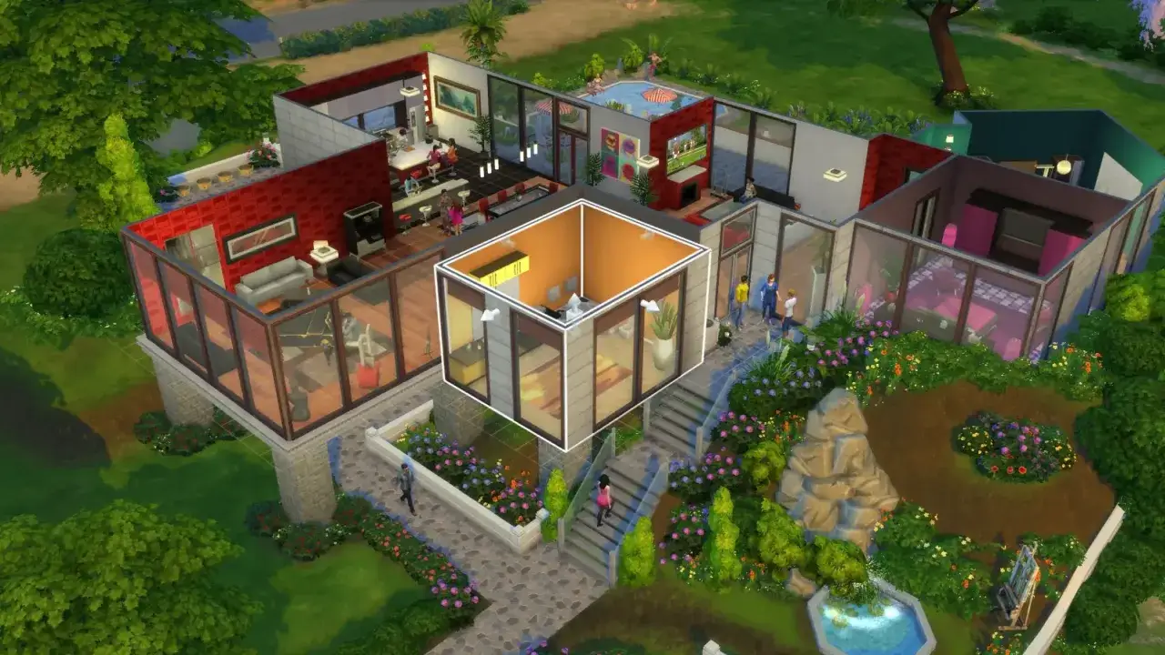 Nowy dom w The Sims 4, z basenem na dachu i ogrodem. Można tu użyć kodów, by ulepszyć budowę.