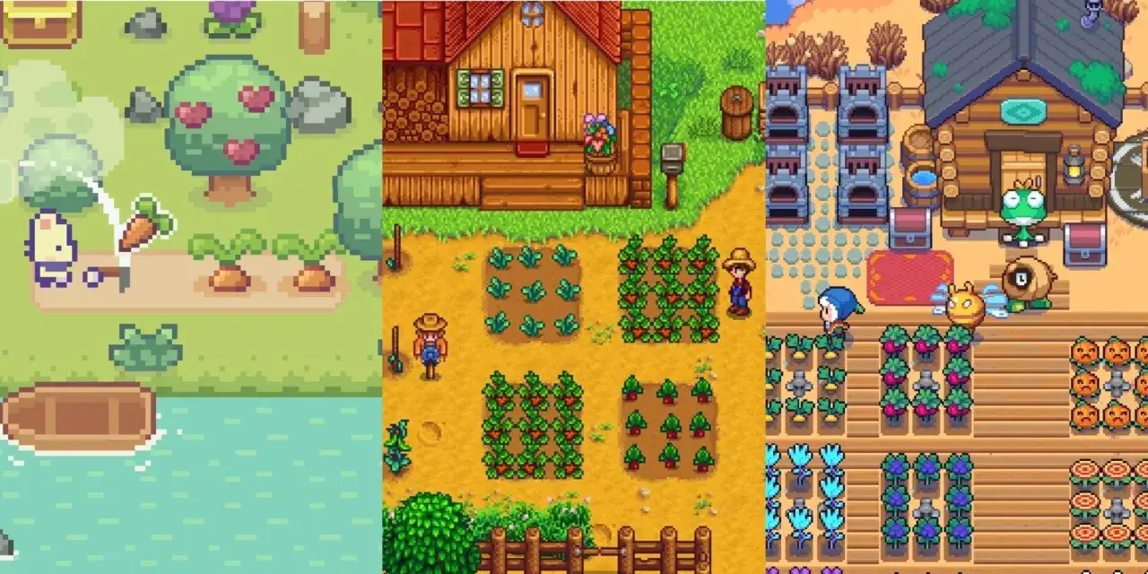 Pixelartowa farma z uprawami, zwierzętami i domkami, idealna dla fanów gier podobnych do Stardew Valley.