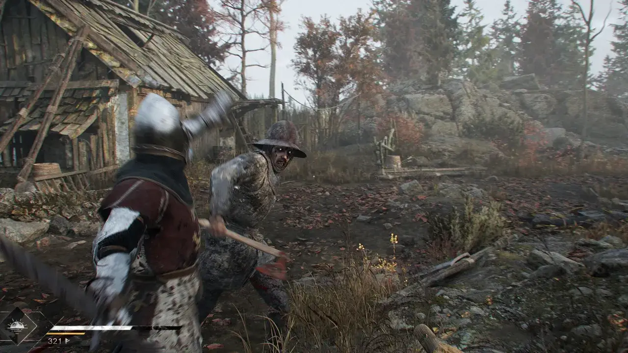 Dwóch rycerzy walczy z potworem w lesie. Jeden z nich, w zbroi, atakuje toporem. To scena z gry blight survival xbox.