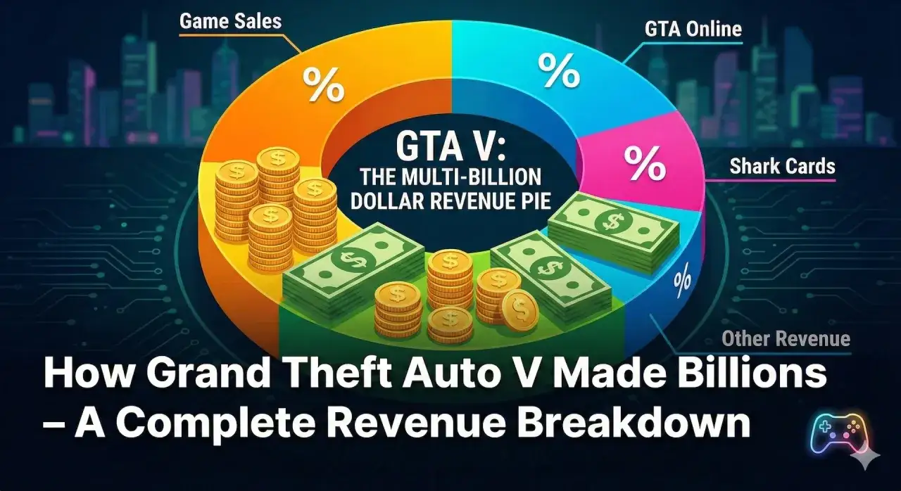 Wykres kołowy pokazuje, ile Rockstar zarobił na GTA 5. Podział przychodów obejmuje sprzedaż gry, GTA Online, karty rekinów i inne źródła.