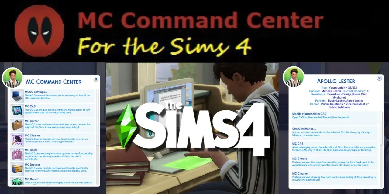 Interfejs MC Command Center w grze The Sims 4, z opcjami modyfikacji Simów, karier i czyszczenia.