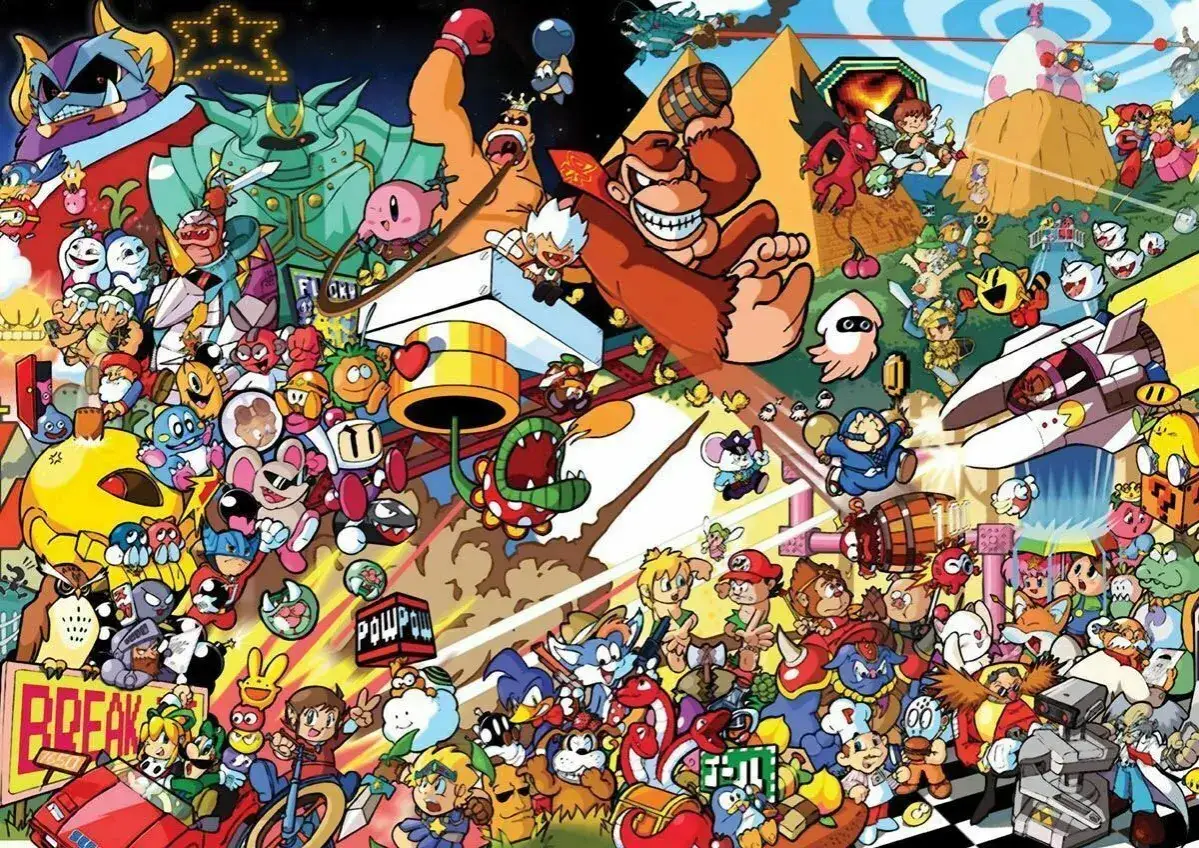 Kolorowy kolaż postaci z fajnych starych gier: Mario, Donkey Kong, Kirby, Pac-Man i wielu innych.