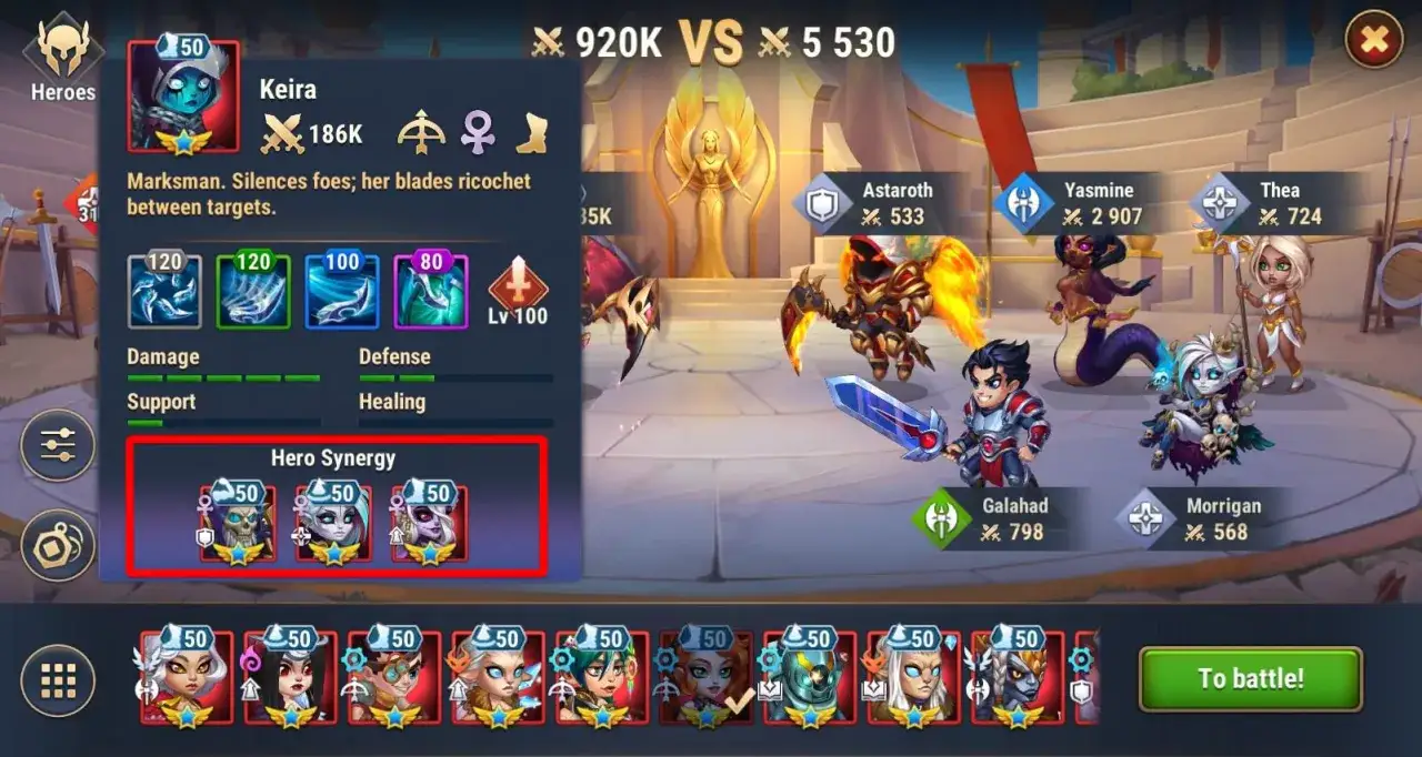 W grze Hero Wars Keira przygotowuje się do walki, a jej drużyna, w tym Astaroth i Yasmine, czeka na synergię.